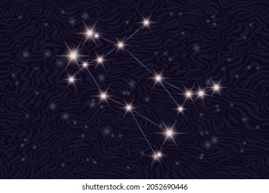 Zodiac constellation Gemini on the background of the starry sky. Сonstellation of Gemini on a textured background of a starry night. Astrological zodiac on the background of space. Popular astronomy.