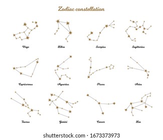 Zodiac constellation. Horoscope. Isolated signs of the zodiac. Gold stars on a white background. Aries, taurus, gemini, cancer, leo, virgo, libra, scorpio, sagittarius, capricorn, aquarius, pisces