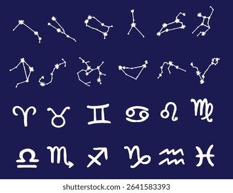 Zodiac Constellation and Horoscope Symbols in Starry Sky Design

An artistic illustration featuring zodiac constellations and horoscope symbols set against a starry night sky