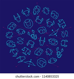 Zodiac constellation icon pattern circle shape outline stroke set dash line design illustration isolated on dark blue background