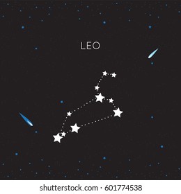 Zodiac constellation Leo, the Lion on night sky with stars and meteors, vector