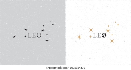 Zodiac Constellation Leo Stars and Logo Lettering with Leo Zodiac Sign Symbol - Black and Beige Elements on White Grunge Background - Vector Contrast Graphic Design