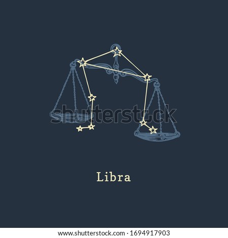 Zodiac constellation of Libra on background of hand drawn symbol in engraving style. Vector retro graphic illustration of astrological sign Scales.