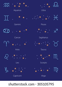 Zodiac and Constellation on blue background.  Vector Illustration