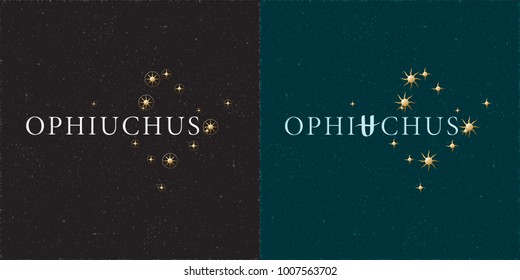Zodiac Constellation Ophiuchus Chiseled Stars and Logo Lettering with Ophiuchus Zodiac Sign Symbol - White and Golden Elements on Black Grunge Background - Vector Mixed Graphic Design