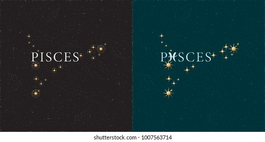 Zodiac Constellation Pisces Chiseled Stars and Logo Lettering with Pisces Zodiac Sign Symbol - White and Golden Elements on Black Grunge Background - Vector Mixed Graphic Design