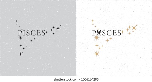 Zodiac Constellation Pisces Stars and Logo Lettering with Pisces Zodiac Sign Symbol - Black and Beige Elements on White Grunge Background - Vector Contrast Graphic Design