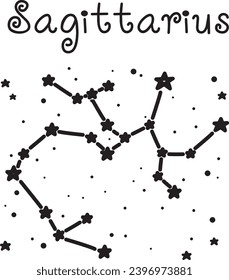 Zodiac constellation Sagittarius. Black and white vector illustration in doodle style