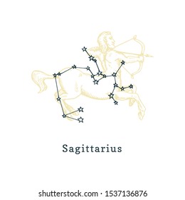 Zodiac constellation of Sagittarius on background of hand drawn symbol in engraving style. Vector retro graphic illustration of astrological sign Centaur.