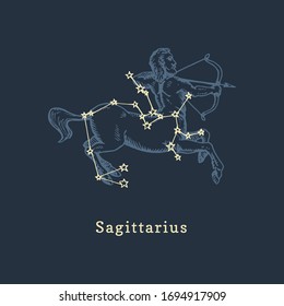 Zodiac constellation of Sagittarius on background of hand drawn symbol in engraving style. Vector retro graphic illustration of astrological sign Centaur.