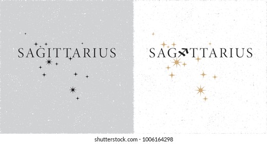 Zodiac Constellation Sagittarius Stars and Logo Lettering with Sagittarius Zodiac Sign Symbol - Black and Beige Elements on White Grunge Background - Vector Contrast Graphic Design