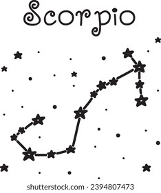 Zodiac constellation Scorpio. Black and white vector illustration in doodle style