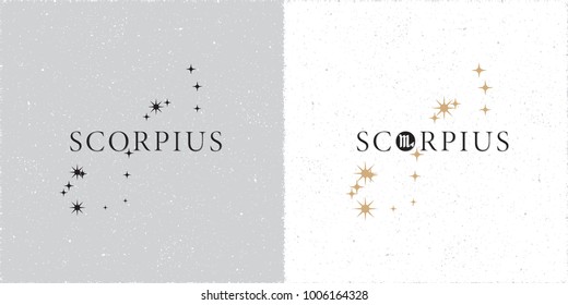 Zodiac Constellation Scorpius Stars and Logo Lettering with Scorpio Zodiac Sign Symbol - Black and Beige Elements on White Grunge Background - Vector Contrast Graphic Design