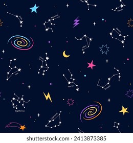 Zodiac-Konstellation nahtloses Muster, Raumhintergrund. Cartoon, Comic-Dodle-Illustration mit Sternen, Planeten, Galaxien.