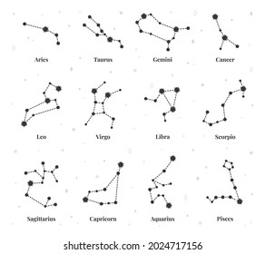 Zodiac constellation sign, astrology horoscope stars symbols. Aquarius, leo, gemini, sagittarius, pisces. Constellations signs vector set. Astronomy science, spiritual tattoo collection