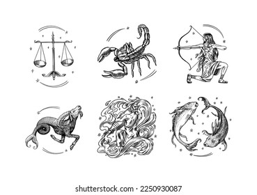 Zodiac constellation signs. Astrological symbols. Illustrations of horoscope. Magic female characters, Boho design. Hand drawn Engraved old monochrome sketch.