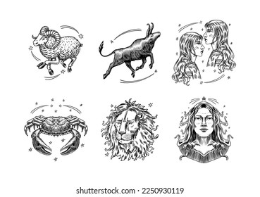 Zodiac constellation signs. Astrological symbols. Illustrations of horoscope. Magic female characters, Boho design. Hand drawn Engraved old monochrome sketch.