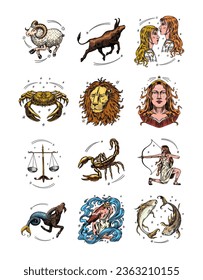 Zodiac constellation signs. Astrological symbols. Illustrations of horoscope. Magic female characters, Boho design. Hand drawn Engraved old monochrome sketch.