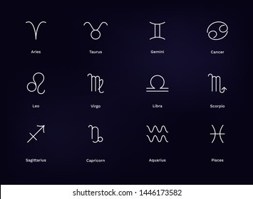 Zodiac constellation signs set. Horoscope astrology line stylized symbols. Vector collection of all 12 zodiacal constellations on dark night sky background