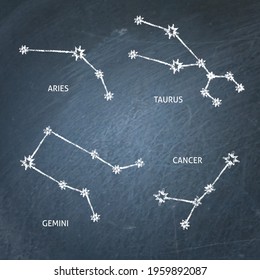 Zodiac constellation symbols collection. Connected shining stars on chalkboard. Aries, Taurus, Gemini and Cancer astrology signs. Vector illustration.