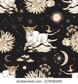 The Zodiac Constellation Taurus. Seamless Pattern. Black Background With Constellations, Sun, Moon, Stars And Floral Elements. Astrology.