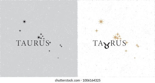 Zodiac Constellation Taurus Stars and Logo Lettering with Taurus Zodiac Sign Symbol - Black and Beige Elements on White Grunge Background - Vector Contrast Graphic Design