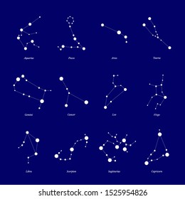 Zodiac constellation vector illustrations set. Astrological symbols on blue background. Horoscope signs banner templates collection. Astrology calendar. Virgo, gemini, scorpio, leo signs