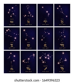 Zodiac constellation vector illustrations set. Astrological symbols on dark blue starry background. Horoscope signs banner templates collection. Astrology calendar. Virgo, gemini, scorpio, leo signs