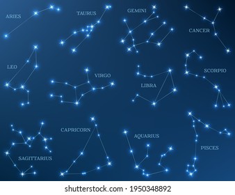 Zodiac-Sternbilder 12 Astrologie-Zeichen von Sternen Vektorset. Sternbilder von Sternen, Sternbilder von Sternen, Sternen, Sterne, Sterne, Sterne, Zwillinge, Zwillinge, Krebs, Leo, Virgo, Libra, Scorpio, Sagittarius, Capricorn, Aquarius.