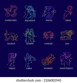 Zodiac constellations, astrological symbols, illustrations of horoscope signs.