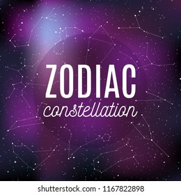 Zodiac Constellations background. Zodiac signs: Aries, Taurus, Gemini, Cancer, Leo, Virgo, Libra, Scorpio, Sagittarius, Capricorn, Aquarius, Pisces. Star universe background. Vector illustration