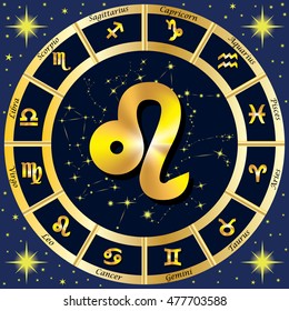 Zodiac constellations. In the center of the sign of Leo. Vector illustration.