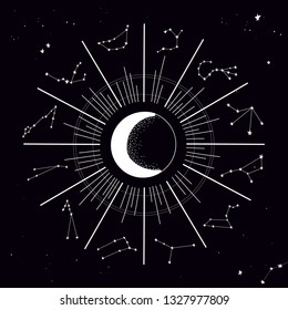 Zodiac constellations circle. Vector hand drawn illustration.