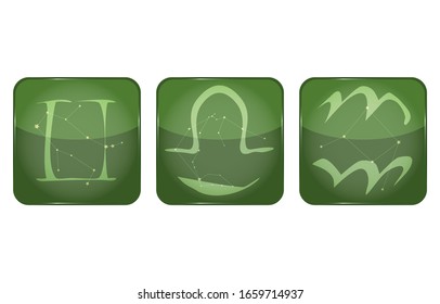 　12 zodiac constellations: Gemini, Libra and Aquarius: green