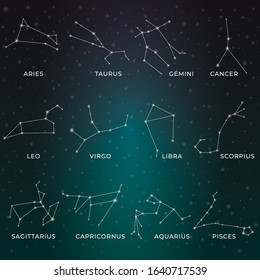 Zodiac constellations. Horoscope and astrology line symbols on dark background, zodiac celestial design elements. Vector illustration astronomy map sky star set on backdrop of space