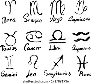 Zodiac Constellations Ink Set. Aries, Scorpio, Virgo, Capricorn, Taurus, Cancer, Libra, Aquarius, Gemini, Leo, Sagittarius, Pisces Symbols for Wallpaper, Banner, Textile, Postcard or Wrapping Paper