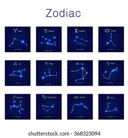 Zodiac constellations -  Leo, Virgo, Scorpio, Libra, Aquarius, Sagittarius, Pisces, Capricorn, Taurus, Aries, Gemini, Cancer. Vector illustration