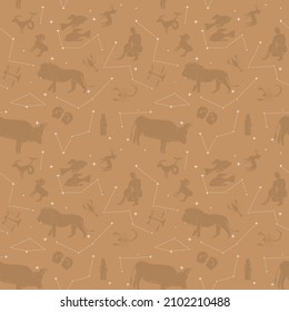 Zodiac constellations  - light brown vector seamless pattern with stars and animals. Good for textile, wallpapers, fabric, covers, wrapping paper