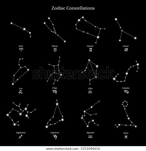 Zodiac Constellations Linear Illustrations Set Twelve Stock Vector ...