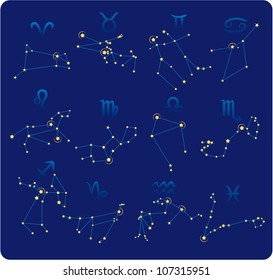 Zodiac constellations made of stars and lines and symbols