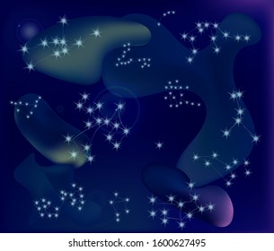 Zodiac constellations in night sky. Stars and liquid forms on the background. Vector illustration. 