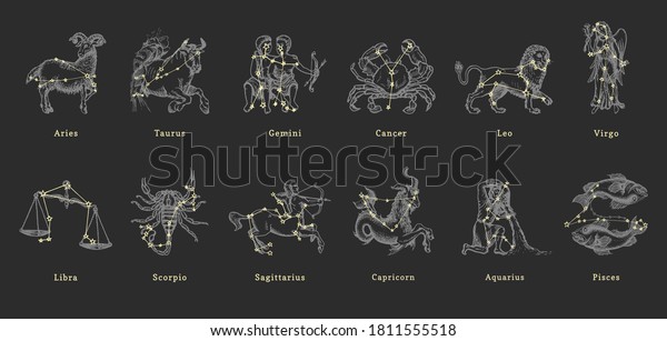 Zodiac constellations on background of hand drawn\
astrological symbols in engraving style. Vector retro graphic\
illustrations of horoscope\
signs.