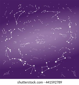 Zodiac Constellations on the Night Sky, Milky Way. Vector Illustration.