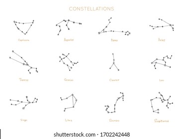 Zodiac constellations on white background. Hand drawn astrological astronomical bodies in vector. Graphic illustrations of horoscope stars. 