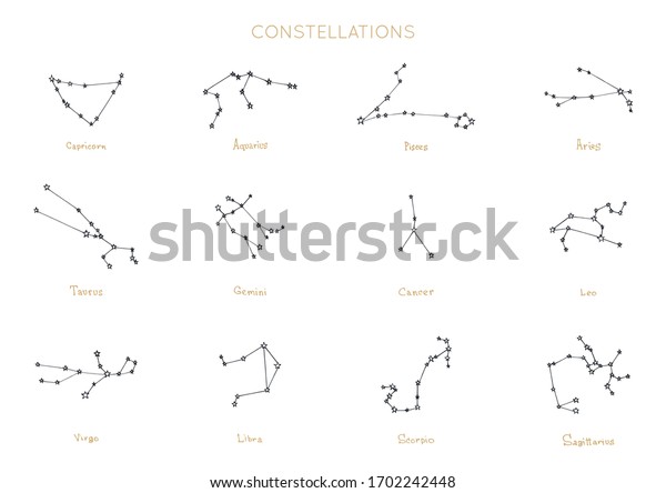 Zodiac constellations on white background. Hand\
drawn astrological astronomical bodies in vector. Graphic\
illustrations of horoscope stars.\
