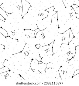Zodiac constellations seamless pattern, astrological forecast, magic repeating print of stars. Astrology, horoscope signs, constellations of stars vector illustration on white