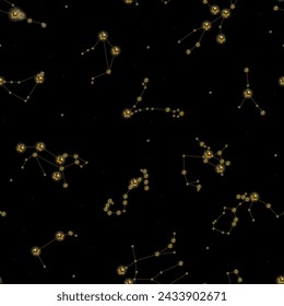 Zodiac constellations seamless pattern background. Gold stars, horoscope collection and astrological signs vector illustration design.