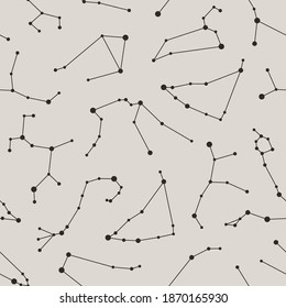 Zodiac Constellations Seamless Pattern on white background in Minimal Trendy Style. Vector Space Astrology backdrop. Horoscope symbols texture.