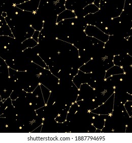 Zodiac constellations seamless pattern. Vector background with 12 zodiac signs. Can be used for web design, packaging, textiles.