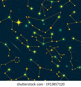 Zodiac constellations seamless pattern. Vector space and stars illustration. 12 zodiac constellations on dark night sky background with stars, astrology, astronomy spiritual vector design elements